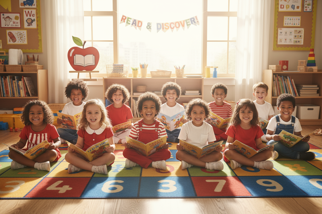 little kids holding books and wearing red and white clothes